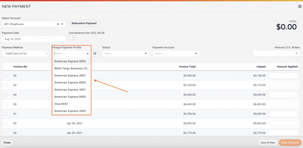 The Payment drop down menu for choosing which kind of payment to log