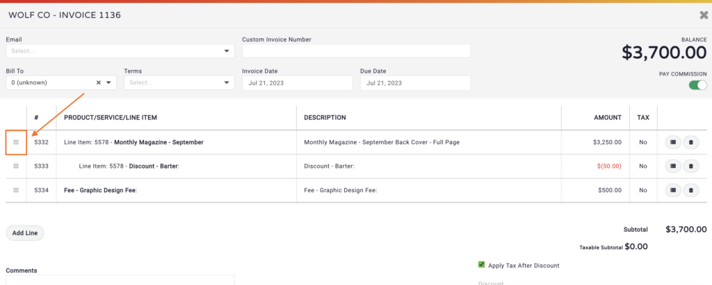 editing and rearranging invoices in MediaOS