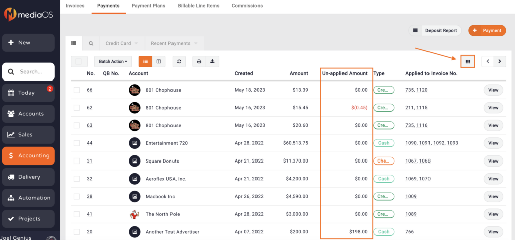 the un-applied payments amount column inside the MediaOS accounting tab