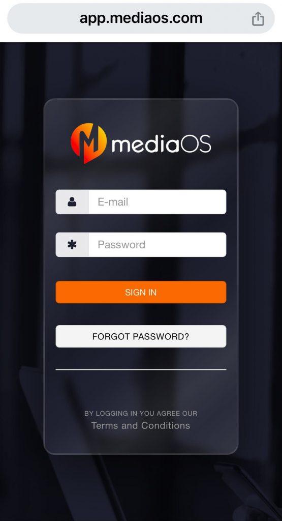 Log in screen for MediaOS app